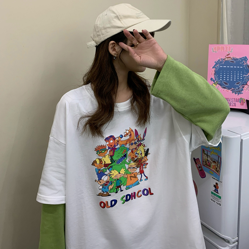 New versatile cartoon ins fake two pieces of thin long sleeve T-shirt girl 6535 fish scale