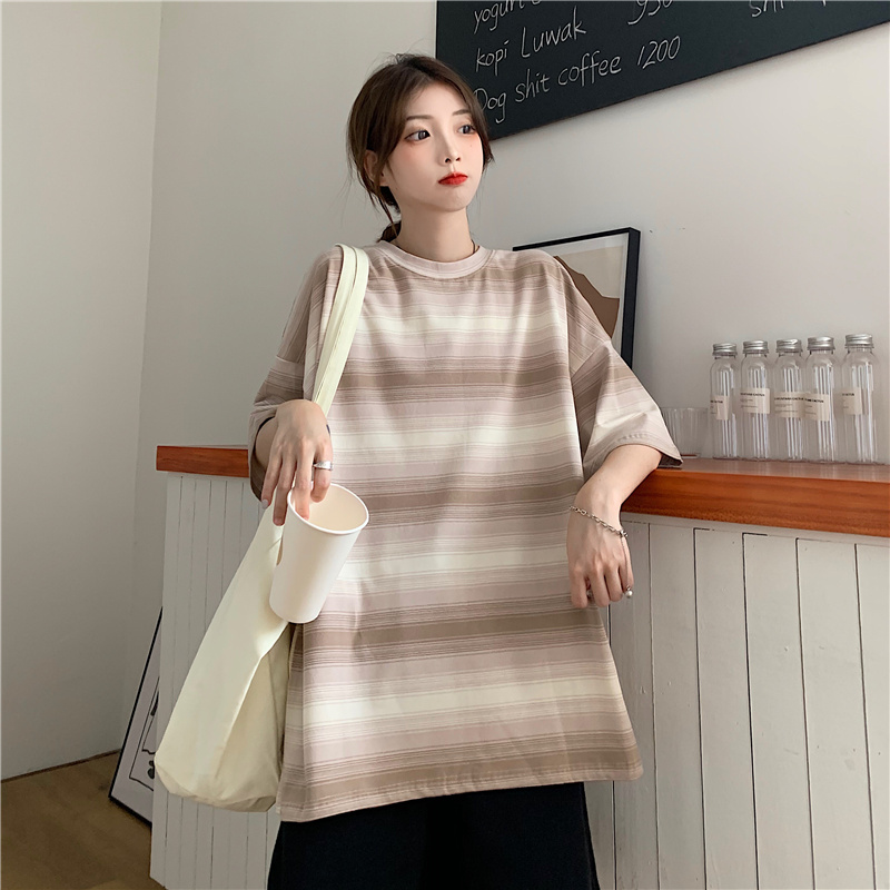 Real shot 2021 new summer simple Korean style loose candy striped top short sleeve T-shirt girl