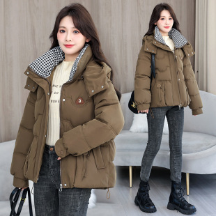 百搭学生棉袄拼接格子连帽外套 面包服时尚 2024秋冬季 可拆卸帽新品