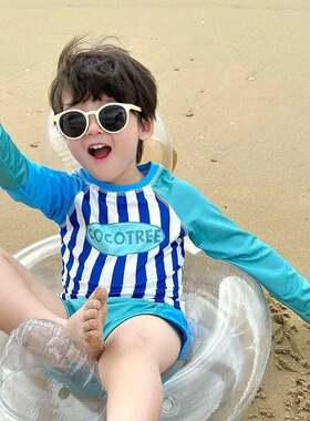 儿童泳衣男童中小童涤纶运动休闲分体两件套长袖复古条纹温泉泳衣