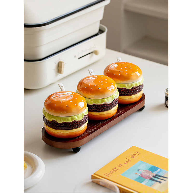 创意汉堡包造型陶瓷调料罐家用厨房高端可爱盐罐味精糖有盖调味瓶