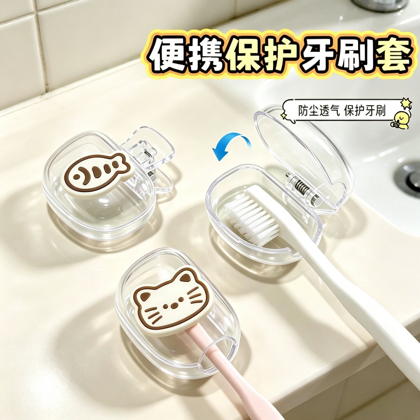 可爱小猫牙刷保护套卡通高颜值牙刷收纳便携旅行牙具防尘塑料夹子