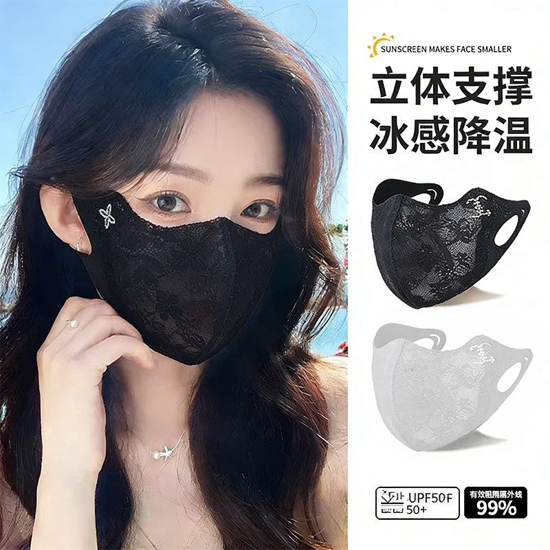 蕾丝防晒口罩女户外防紫外线夏季高颜值护眼角冰丝薄款遮阳面纱罩