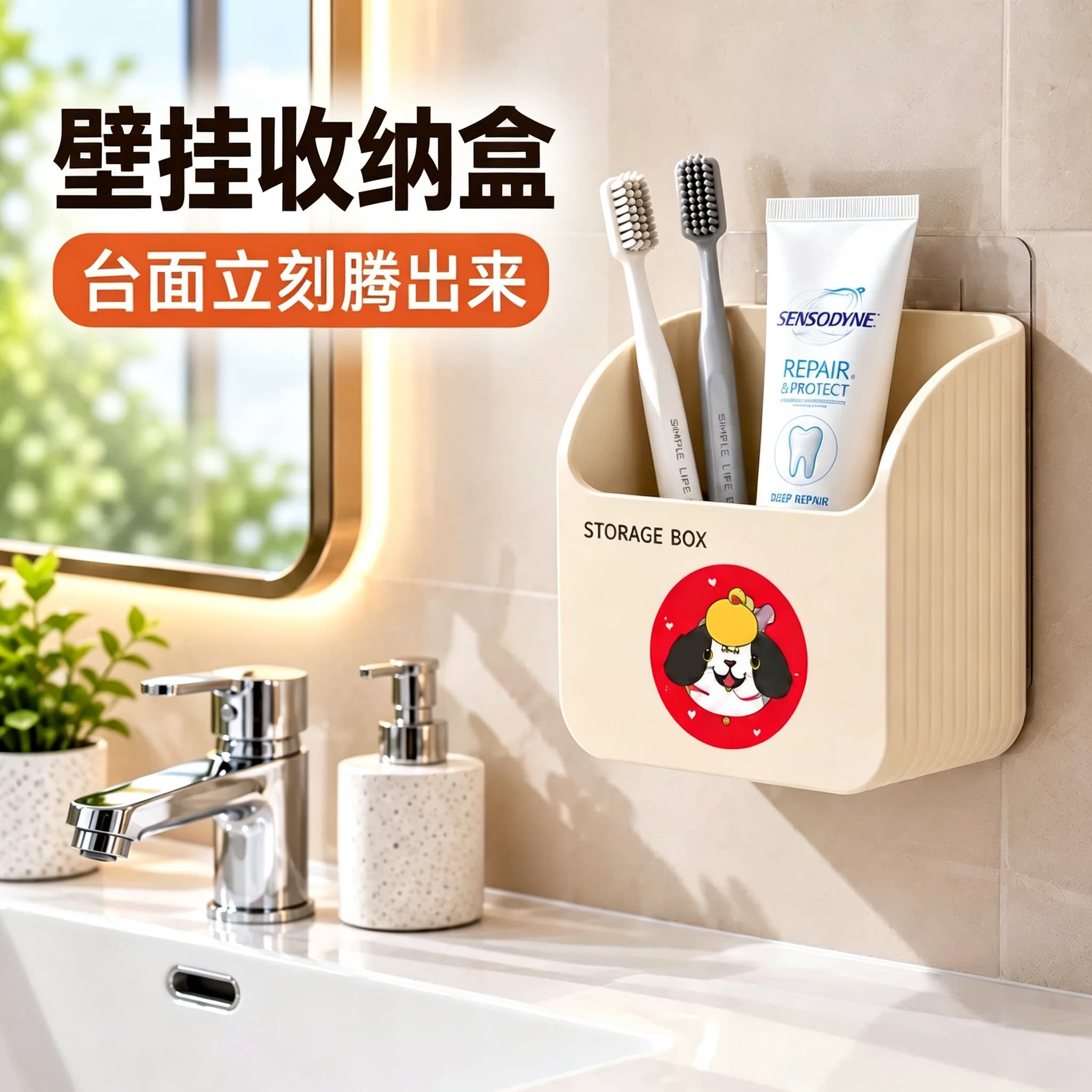 奶油风卫生间置物架免打孔洗漱台