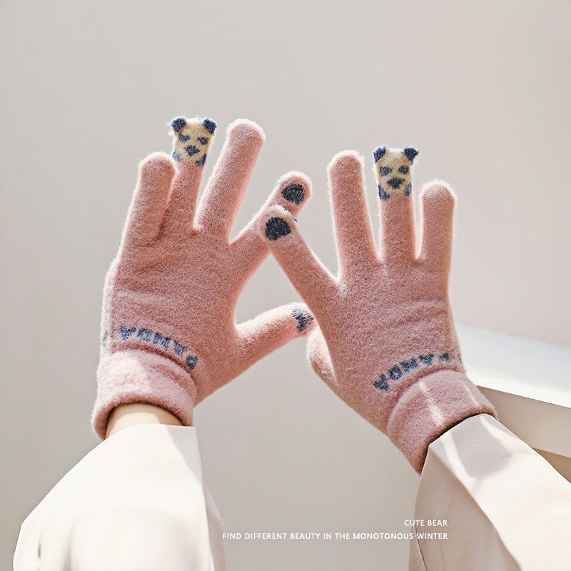 手套秋冬季女保暖学生韩版可爱加绒加厚骑车五指防寒可触屏棉手套