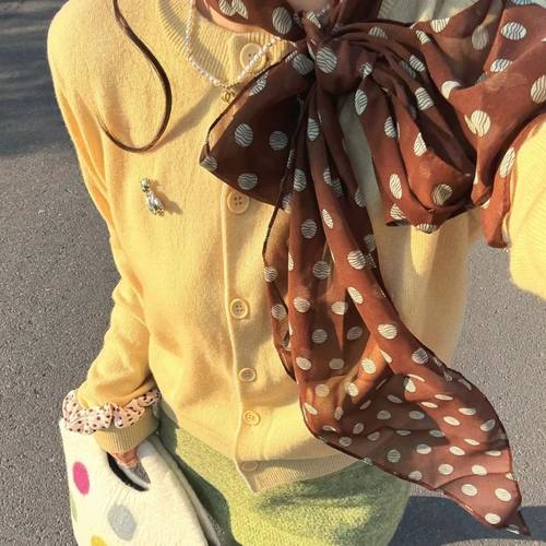 棕色波点丝巾印花高级百搭配饰系脖女2025年新款发带绑发长条围巾