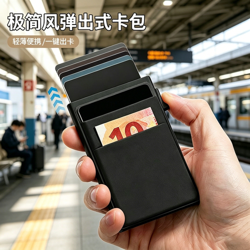 高档侧推卡盒防消磁自动弹出式卡包卡套屏蔽RFID防盗刷银行卡夹