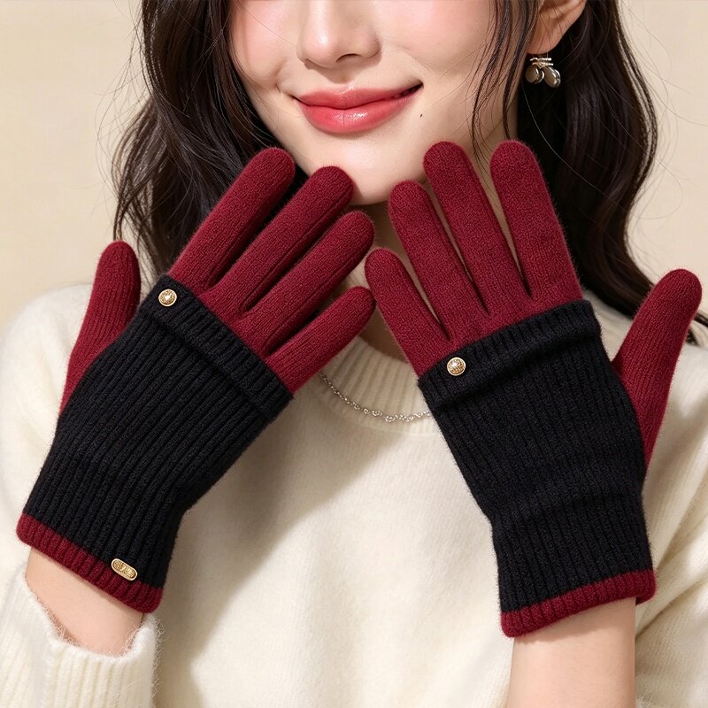美拉德两用拼色针织毛线手套女士冬季露指可触屏保暖护腕骑行学生