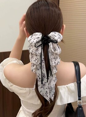 蝴蝶结碎花飘带抓夹女高级感2026新款发夹后脑勺半扎发鲨鱼夹头饰