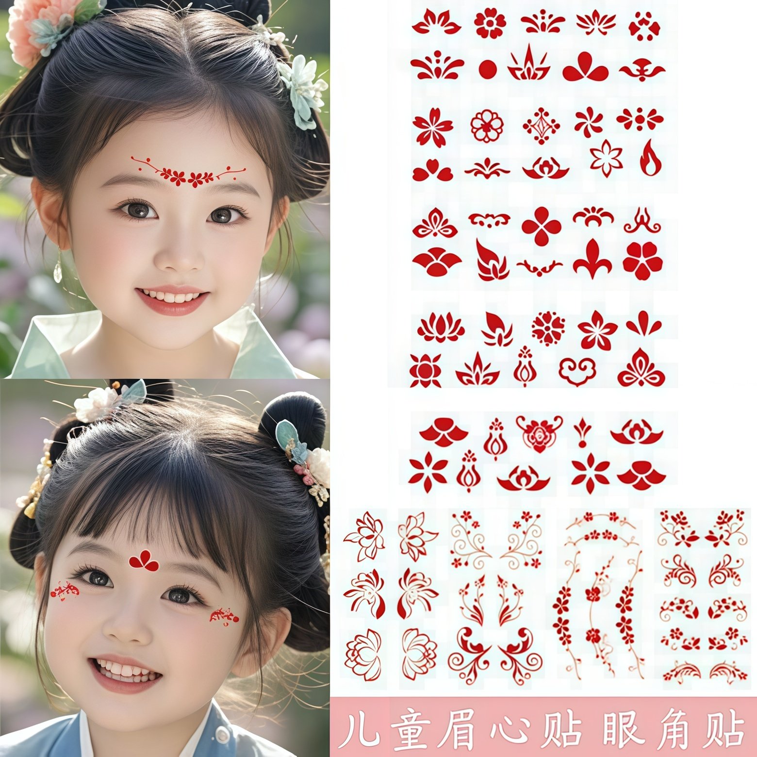 儿童花钿眉心贴女孩宝宝额头印花纹身贴纸成人汉服古装古风美人贴