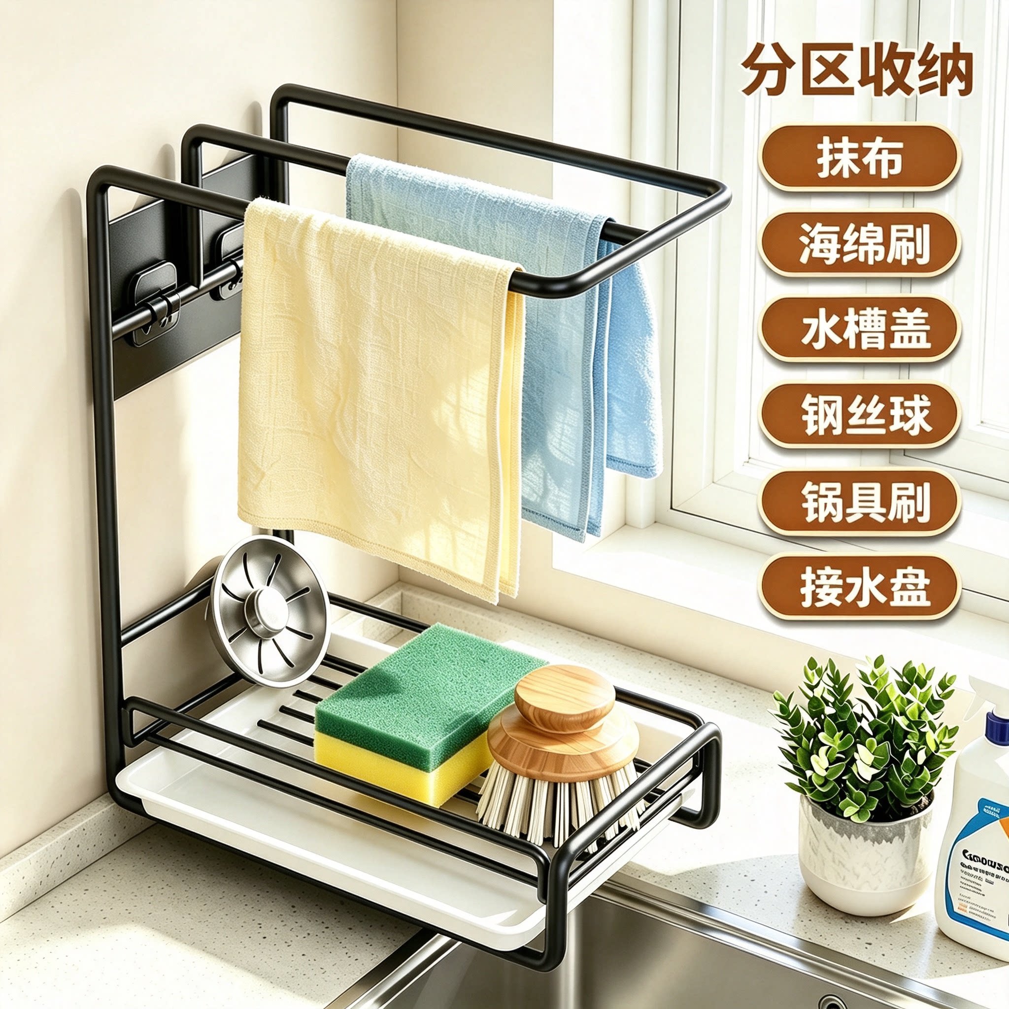 抹布架厨房沥水架免打孔台面壁挂海绵毛巾厨房用品收纳架置物架子