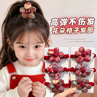 儿童格子花朵发圈女童红色卡通猫咪发绳公主头饰皮筋头绳新年发饰