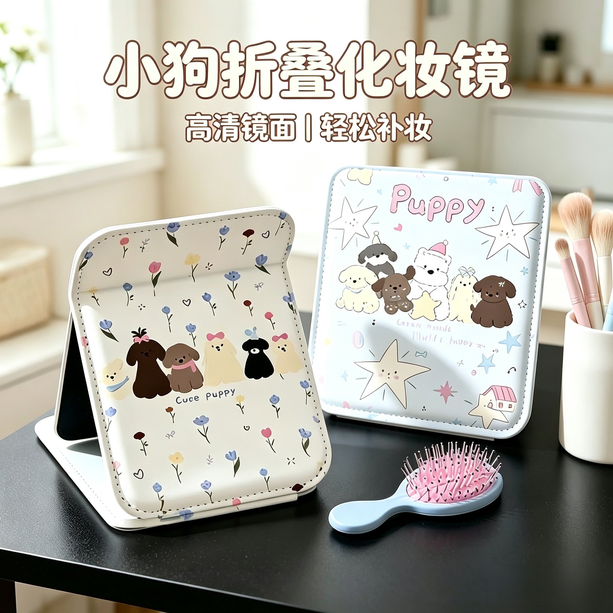 可爱小狗折叠高清便携化妆镜