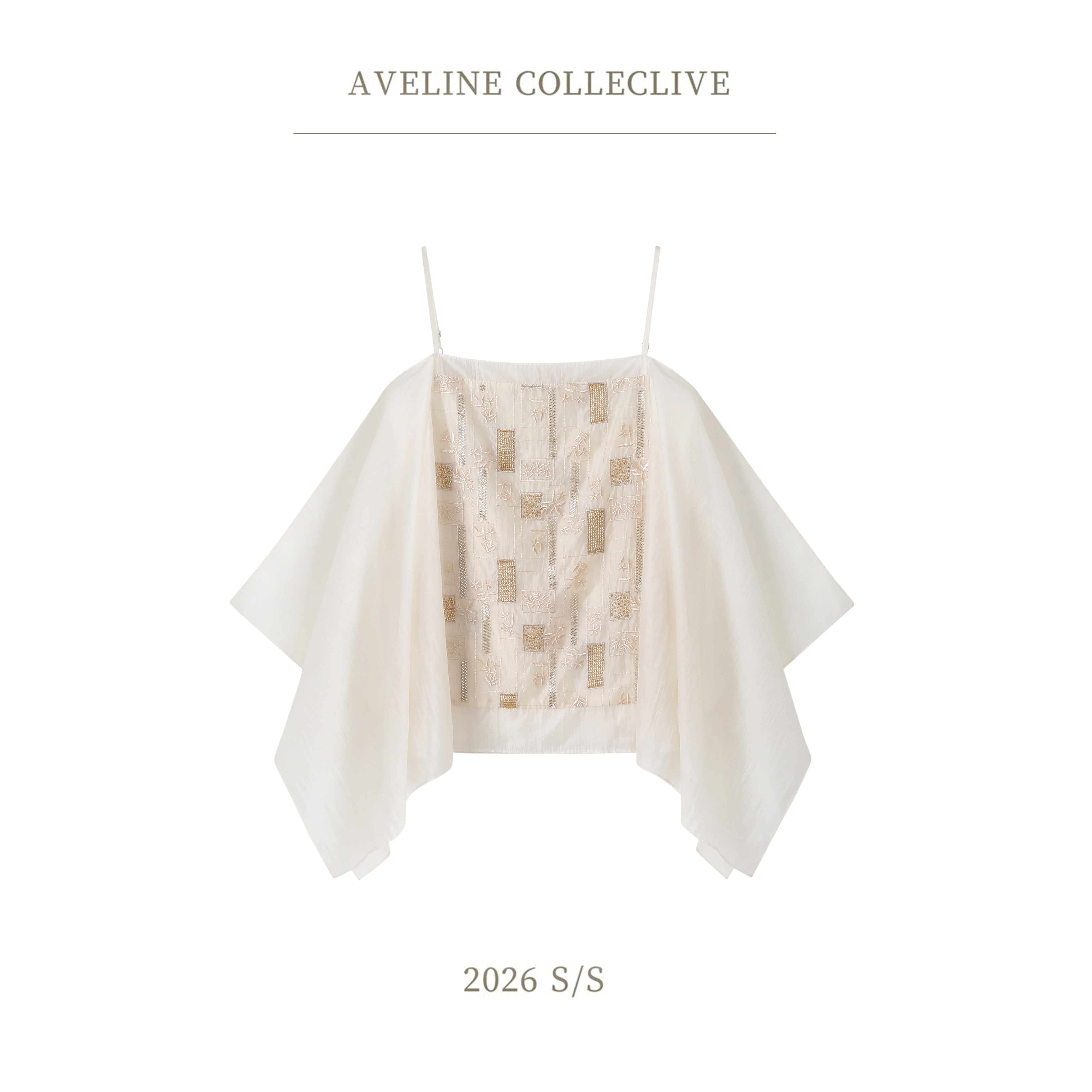 Aveline 卢浮宫 夏季新款时尚钉珠刺绣吊带短款无袖露肩上衣女