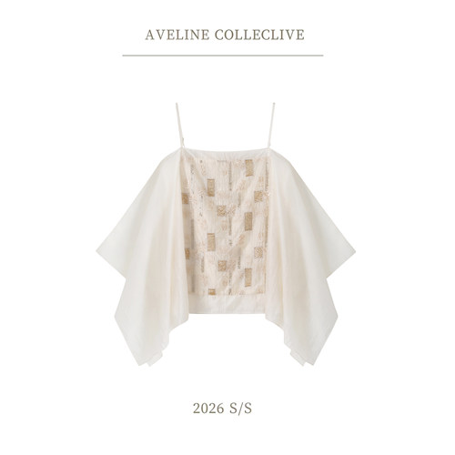Aveline 卢浮宫 夏季新款时尚钉珠刺绣吊带短款无袖露肩上衣女