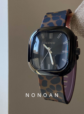 NONOAN 方形豹纹摩卡棕色大表盘时尚简约百搭男女同款硅胶手表507