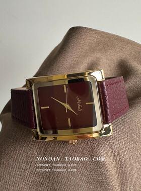 NONOAN 安可拉红方形大表盘时尚简约高级感真皮ins风石英手表女生