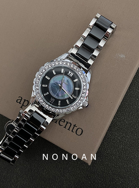 NONOAN 精致镶钻高级感手表女日系复古vintage轻奢贝母表盘石英表