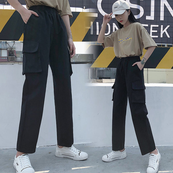 Real shot ins overalls women's loose BF high waist cargo handsome sports straight chic Leggings