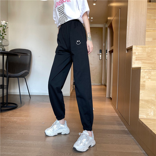 Real photo fish scale 2021 smiling face embroidered loose legged casual pants for women