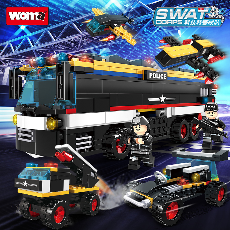 沃马C0594积木科技特警战队警察巴士汽车模型男孩子益智拼装玩具