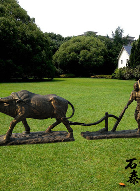 玻璃钢农耕人物耕牛雕塑