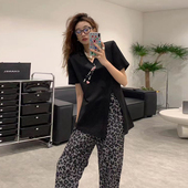 下摆开叉短袖 直角垫肩上衣 纯棉正肩女T恤中长款 T恤女夏季 宽松大码