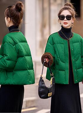 绿色新中式国风羽绒女冬季短款外套气质提花水貂毛小个子上衣保暖