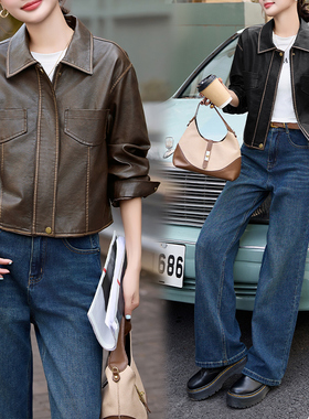 2025春秋皮夹克上衣小个子棕色复古美拉德皮衣pu小香风短款外套