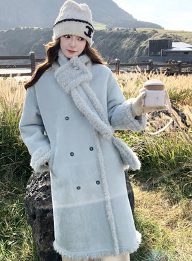 皮毛一体中长款外套女冬双排扣加绒加厚羊羔毛大衣高级感小个子