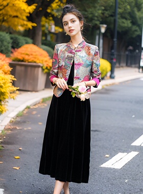 新中式轻国风提花盘扣两件套装女宋锦上衣刺绣外套女小香风