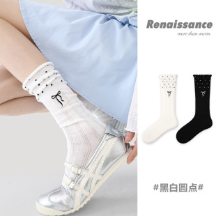 Renaissance原创女袜春夏新款 miu系堆堆袜黑白波点公主袜子女