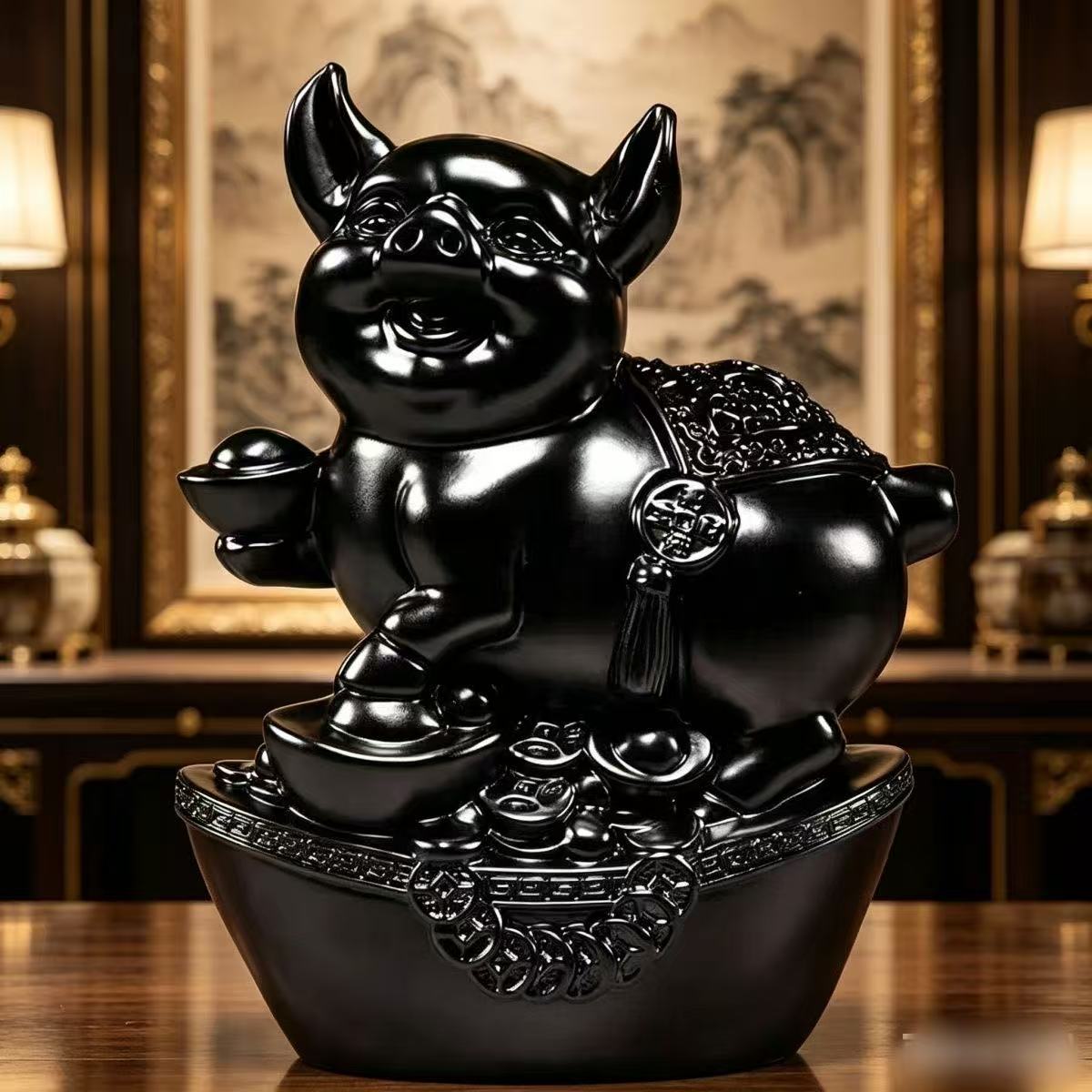 黑曜石墨玉生肖猪摆件吉祥物送礼