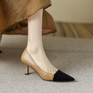 女优雅浅口单鞋 里外全皮2024春季 新款 小香风拼色高跟单鞋 气质 时尚