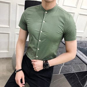 C65-P40 夏装纯色立领韩版修身英伦店主男士理发师短袖休闲衬衫图片