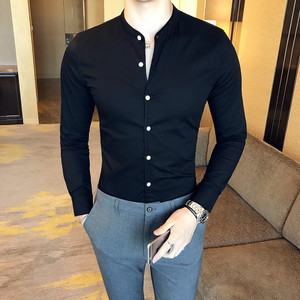 C66-P50 春秋韩版修身男士立领纯色休闲衬衫发型师商务休闲衬衣潮图片