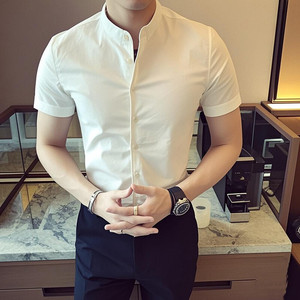 C65-P40 夏装纯色立领韩版修身英伦店主男士理发师短袖休闲衬衫图片