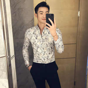C81-P55 春秋款金丝边印花精品衬衫理发师 男士休闲长袖衬衫图片