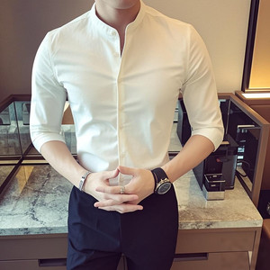 C76-P45 春夏纯色立领 男士韩版休闲发型师中袖衬衫七分袖衬衫男图片