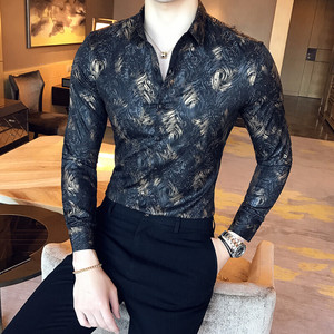 C81-P55 春秋款金丝边印花精品衬衫理发师 男士休闲长袖衬衫图片