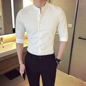 C76-P48 春夏纯色立领 男士韩版休闲发型师中袖衬衫七分袖衬衫男图片