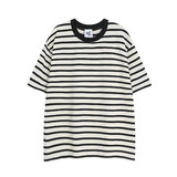 T016-P35纯棉克重250学院风黑白条纹短袖T恤男女情侣百搭t恤，男装T恤，电商C309A