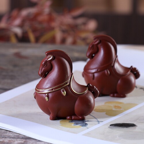 暖暖茶器 精工紫砂雕塑茶玩茶宠 手工作品送锦盒 唐马胖马描金