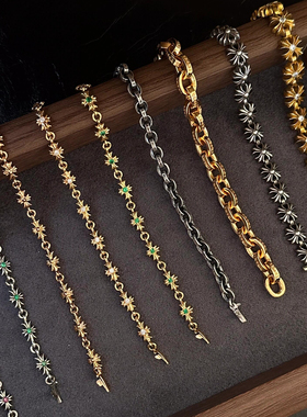 tiny泰银十字架绿钻做旧字母手链