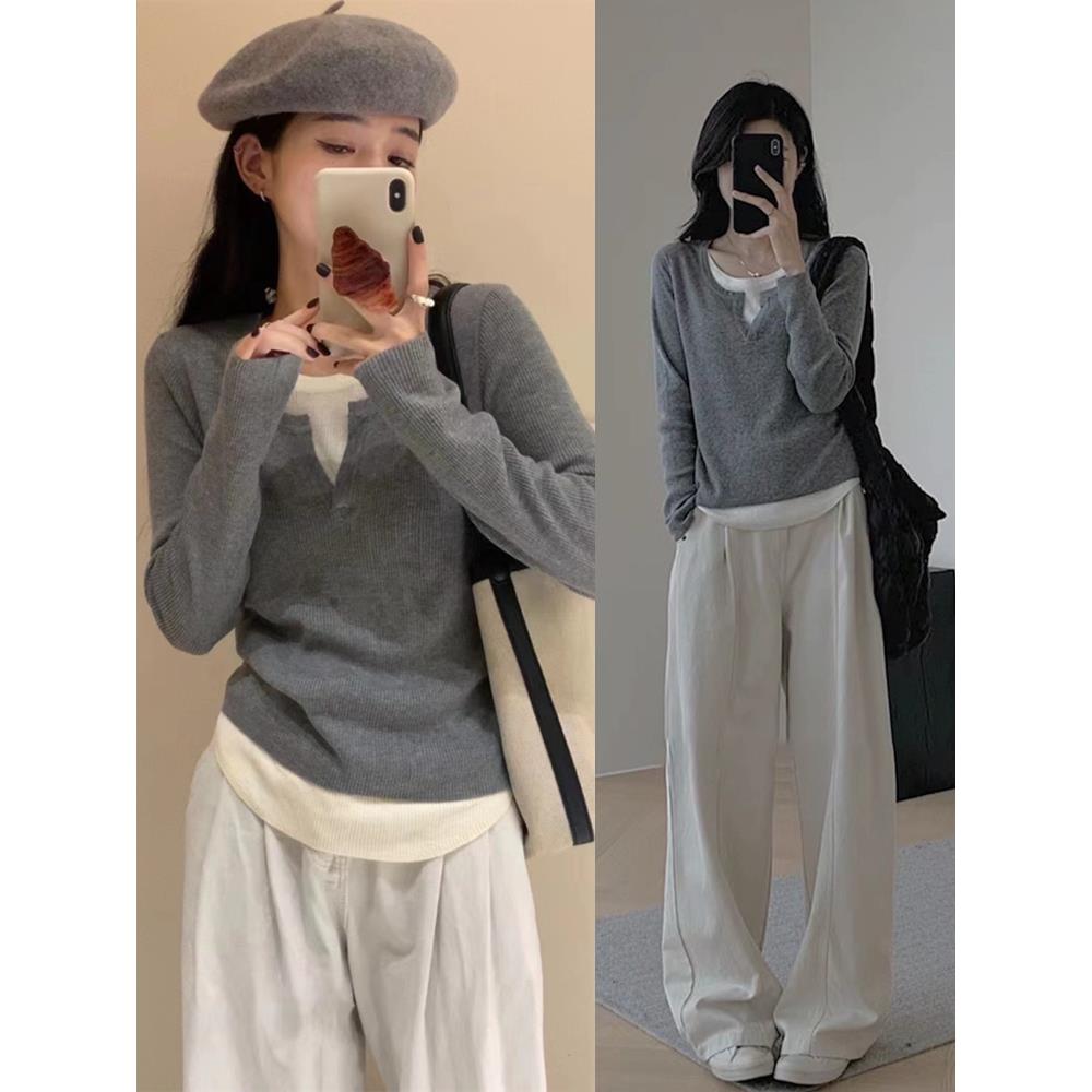 灰色假两件套v领早秋女装内搭衬衫，修身，针织长袖毛衣，大气上