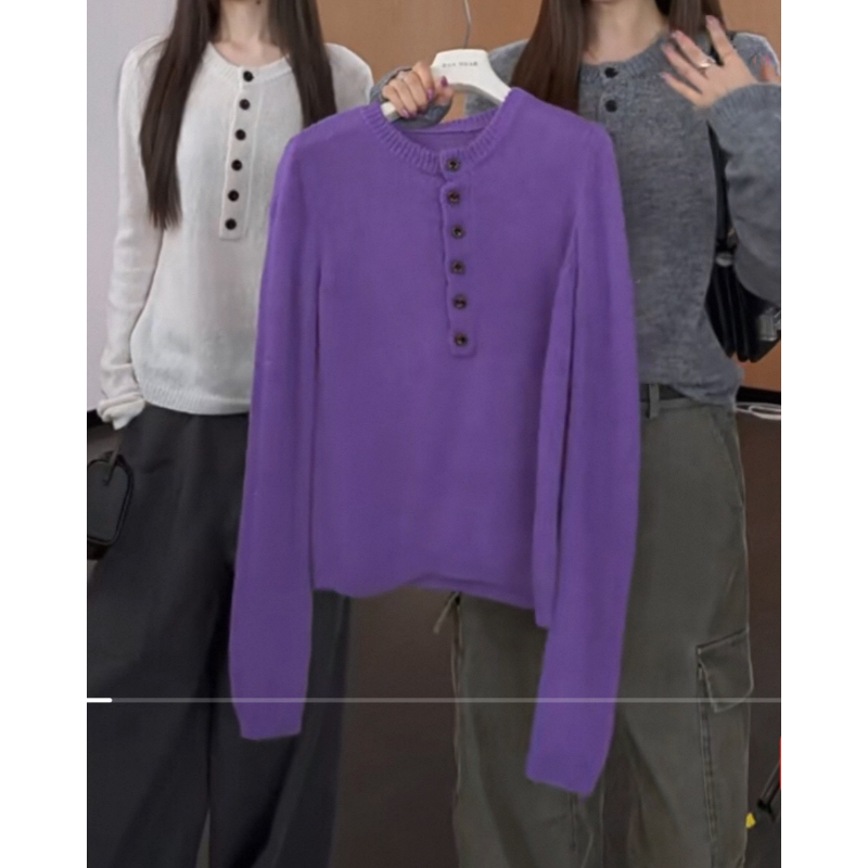 Ranwear'the row萬年经典系列'绵羊毛亨利领撞色扣软糯针织毛衣