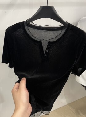 高级感丝绒网纱拼接假两件短袖T恤女2026夏季新款圆领上衣百搭潮