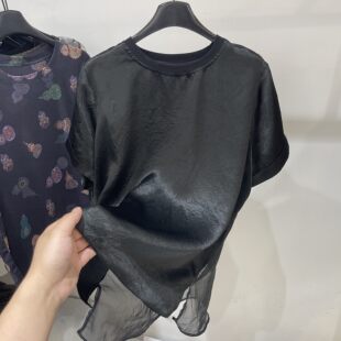 肌理感褶皱前短后长拼接网纱短袖 新款 宽松个性 上衣 T恤女2026夏季