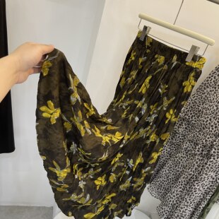 气质高腰褶皱A字印花碎花半身裙女2026夏季 松紧百褶大摆长裙 新款