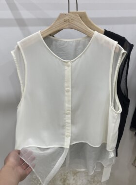 白色无袖假两件衬衫女夏季宽松百搭显瘦减龄上衣